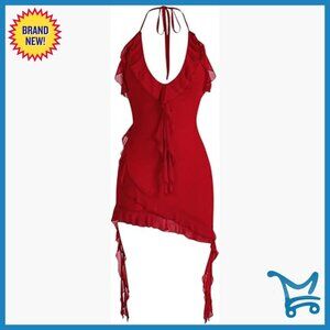 Halter Backless Bodycon Mini Dress Ruffle Asymmetrical Hem Party Club